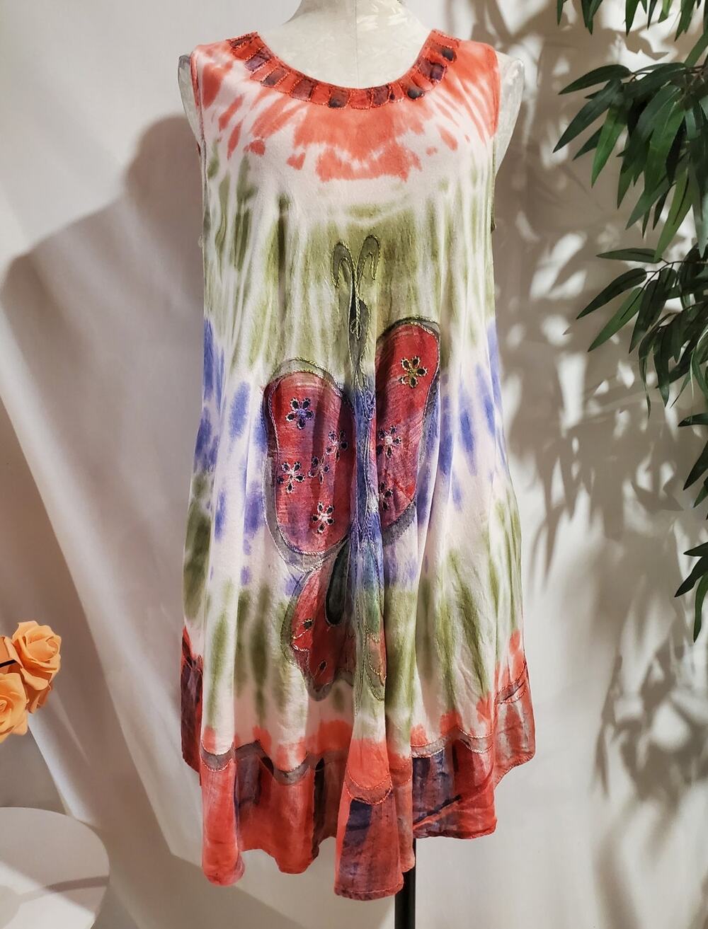 Vintage Boho Tie Dye Embroidered Butterfly Dress Free Size Hippie Fairy Festival